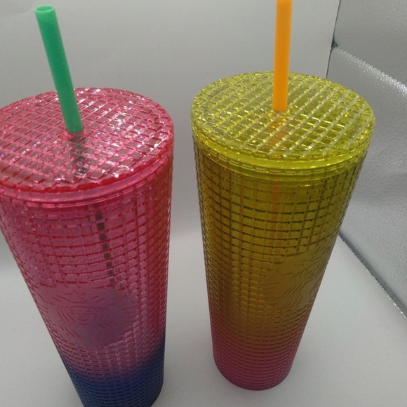 Lot (2) Starbucks Summer 2022 Lemon Yellow/Pink & Pink/Blue Grid 24oz Tumblers - Picture 2 of 2